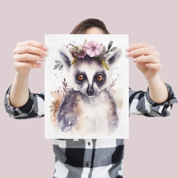 Watercolor Floral Lemur Portrait Wall Art Illustration Print Poster Unframed - Picture 4 of 5